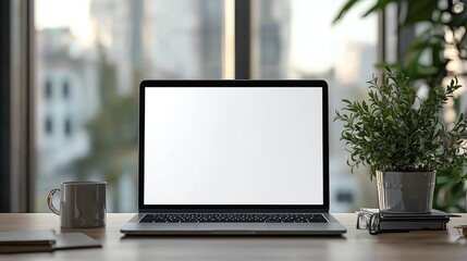 Modern Workplace Setup: Laptop, Coffee, Plant, City View