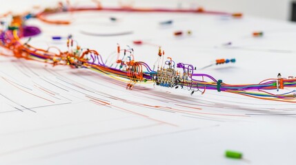 Intricate Circuit Board Design with Colorful Wires and Electronic Components in Close-Up View