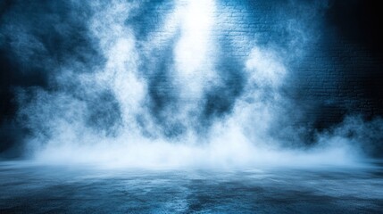 Fototapeta premium Dark smoky blue room with brick wall and bright light.