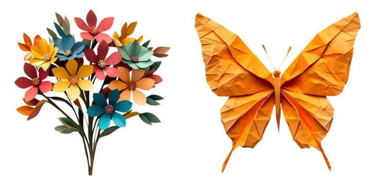 Colorful paper flower bouquet and vibrant orange origami butterfly isolated on transparent background perfect for spring and craft-themed designs