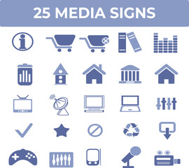 Twenty-five Media Icons Collection featuring Home, Shopping Cart, and Volume Control Symbols for Website Design