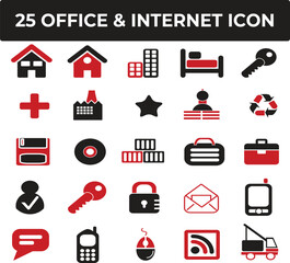 Collection of Twenty-Five Red Black Office Internet Icons Website Design Elements