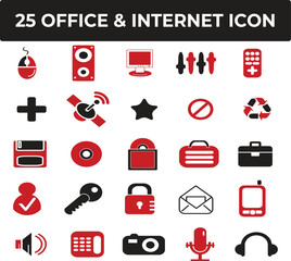 Collection of Red and Black Office and Internet Icons for Web Design