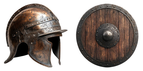 Fototapeta premium Medieval warrior helmet and round wooden shield isolated on transparent background perfect for historical and battle-themed visuals