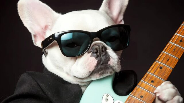 Cool French Bulldog Dog Wearing Sunglasses Plays Electric Guitar A Fun Pet Rock Star Image