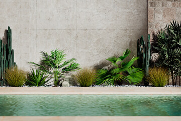 Luxury swimming pool and tropical garden in modern holiday resort villa. Poolside landscape design for vacation house. Desert architecture aesthetic.