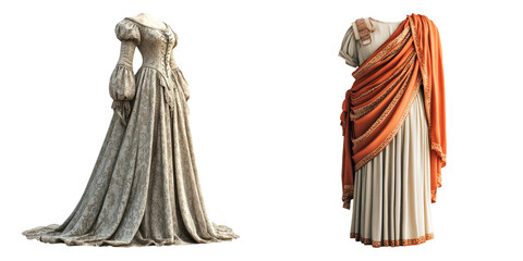 Elegant gray ball gown and Roman-style toga dress isolated on transparent background perfect for fashion design and historical character art
