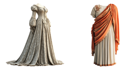 Elegant gray ball gown and Roman-style toga dress isolated on transparent background perfect for fashion design and historical character art