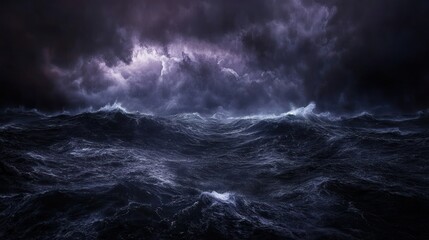 Dark stormy ocean waves and dramatic sky with lightning.