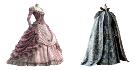 Victorian pink gown and royal blue cloak with intricate embroidery isolated on transparent background perfect for fantasy costume and historical fashion design