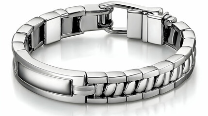 Men's silver bracelet with engraved plate, studio shot, reflection, jewelry