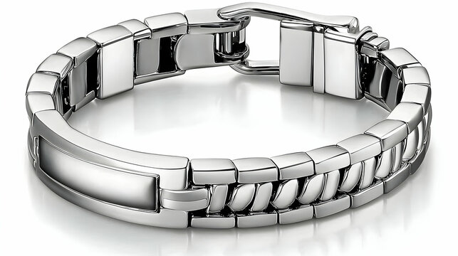 Men's silver bracelet with engraved plate, studio shot, reflection, jewelry