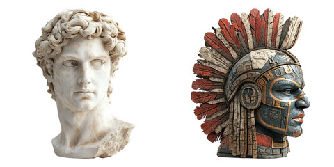 Classical marble bust and Aztec warrior mask isolated on transparent background perfect for ancient culture and museum exhibit visuals