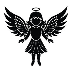 Black And White Silhouette of Angel with Halo and Detailed Wings