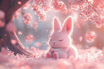A fluffy pink bunny rests peacefully under a blossoming cherry tree, surrounded by floating bubbles.