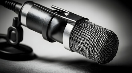 Obraz premium Close-up studio shot of a microphone on a desk, ready for recording a podcast or interview