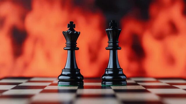 Black King and Queen Chess Pieces on Board Against Fiery Background Strategy Game Concept