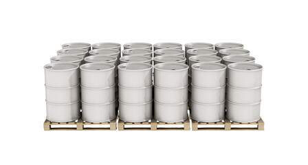White barrels on wooden pallets in the warehouse. Organized storage concept. Isolated on a transparent background. 3D illustration.