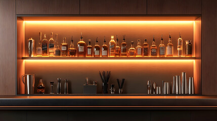 Illuminated liquor display showcasing a selection of bottled spirits.