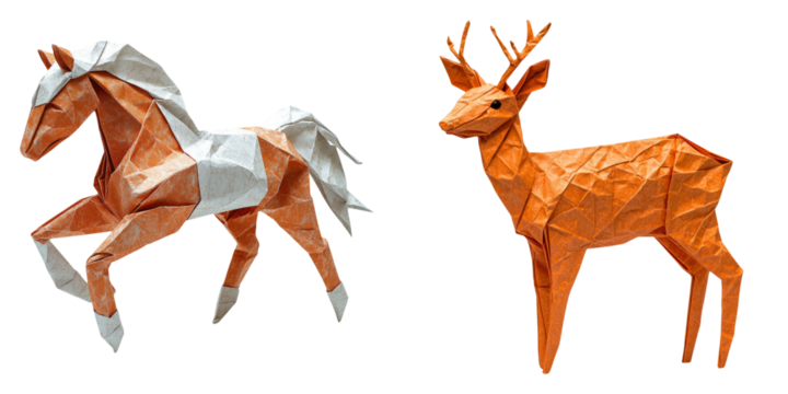 Origami-style horse, deer, and elk trio isolated on transparent background perfect for wildlife and papercraft-themed designs - Powered by Adobe