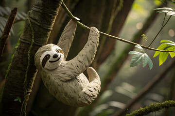 Wooden sloth figurine hanging from a branch with a cheerful expression in a rainforest
