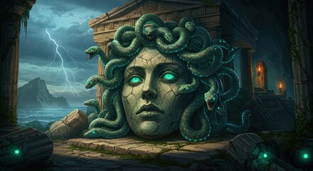 Medusa's Gaze: A Digital Painting of the Gorgon's Head Amidst Ancient Ruins