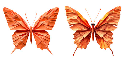 Orange origami butterflies with detailed wings isolated on transparent background perfect for nature-inspired papercraft designs