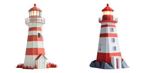 Red and white lighthouses with nautical elements isolated on transparent background perfect for seaside and coastal-themed illustrations