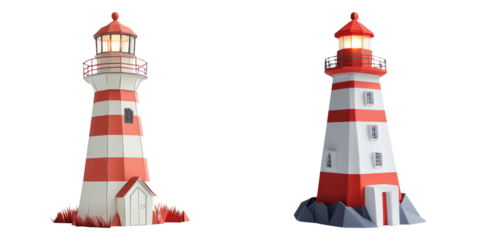 Red and white lighthouses with nautical elements isolated on transparent background perfect for seaside and coastal-themed illustrations