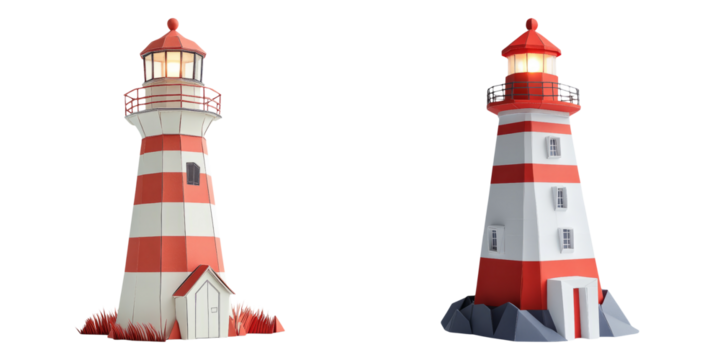 Red and white lighthouses with nautical elements isolated on transparent background perfect for seaside and coastal-themed illustrations