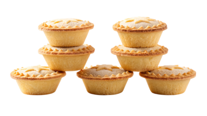 A festive collection of golden mince pies, perfect for a cozy Christmas gathering, arranged in delightful stacks against a bright white background.