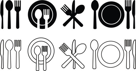 Fork, knife, spoon and plate icons set. Dining essential vectors. Crockery symbols. Tableware instrument. Cutlery flat, outline style for food and restaurant themes isolated on transparent background.