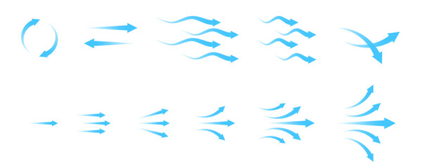 Set of blue arrow showing wind air flow isolated on white background, air direction