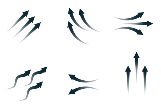 Set of black arrow showing wind air flow isolated on white background, air direction