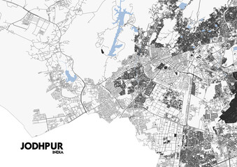 Zoomed-in black & white map of Jodhpur, India showing highways, buildings, and waterways in detail. Perfect for urban planning, navigation, and tourism project