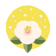 Floral composition isolated on white or transparent background. Vector illustration. White lily with green leaves on yellow circle with rhombuses. Light pink abstract flower. Print for t-shirt.