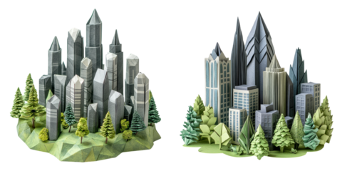 Stylized cityscapes with skyscrapers and trees in paper-like polygonal forms isolated on transparent background perfect for urban planning or environmental art