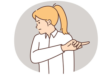 Offended woman turning away and pointing finger aside after insults or toxic remarks at work