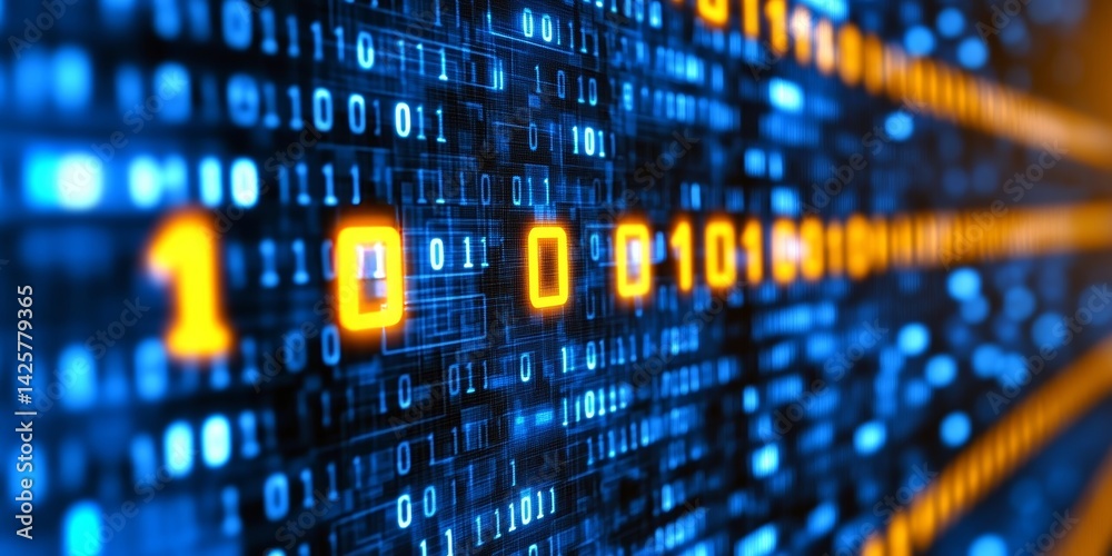 Poster illuminated binary code on a dark blue technology background, big data, and cybersecurity concepts.