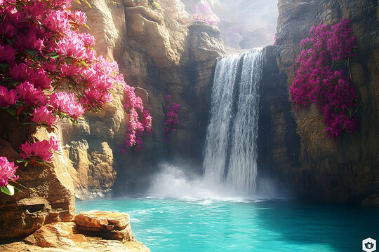Stunning waterfall cascading into a tranquil, floral canyon.