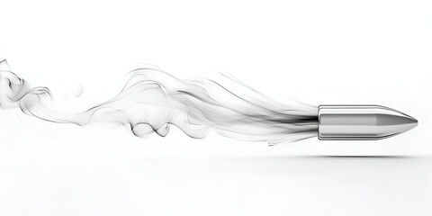 Silver Bullet in Motion with Smoke Trail on White Background

