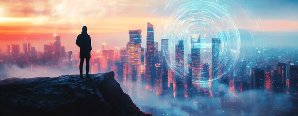 Fototapeta premium creative idea generation creative mindset inspiration Futuristic cityscape at sunrise with silhouette.
