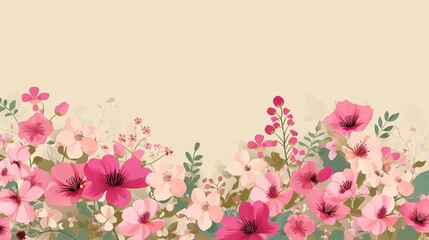 Cute pink floral border vector illustration on beige background with copy space, showcasing photorealistic, ultra-realistic and ultra-detailed simple patterns in full-body shots.