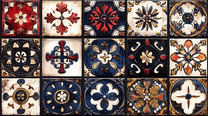 A luxurious patchwork of Spanish tile designs combining crosses, circles, and squares with delicate floral motifs, in a rich color palette of red, blue, beige, white, purple, and gold.