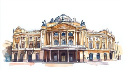 Odessa Opera and Ballet Theater. Odessa Opera and Ballet Theater hand drawn watercolor illustration