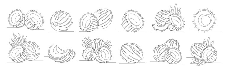 Coconut continuous one line drawing set. Outline coconut fruit icon collections isolated on a white background. Editable stroke. Vector illustration