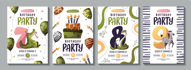 Birthday invitation set with cute jungle animals. Crocodile, snake, zebra. 7, 8, 9 years old. Vector illustration.