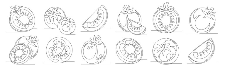 Tomato continuous one line drawing set. Outline tomato vegetable fruit icon collections isolated on a white background. Editable stroke. Vector illustration