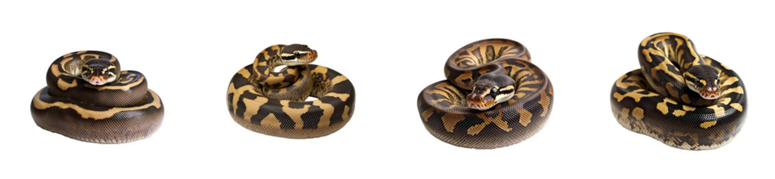 Ball pythons exhibiting varied patterns, isolated against black background, cut out transparent