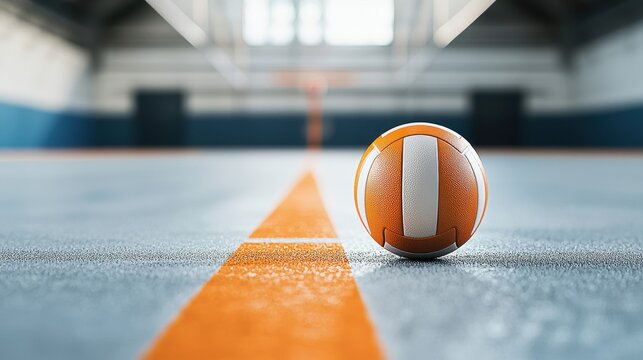 A close-up view of a volleyball resting on a court, highlighting the textured surface and vibrant orange line beneath it.